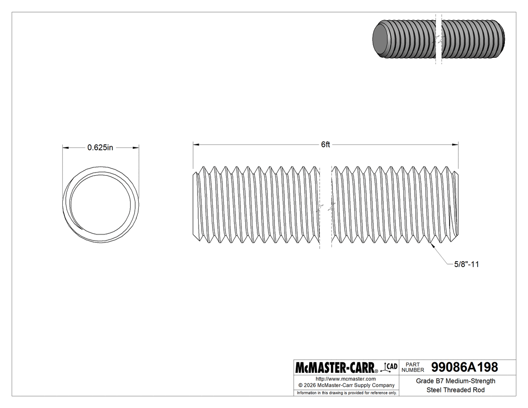 Technical Drawing of Grade B7 Medium-Strength Steel Threaded Rod, Zinc Yellow-Chromate Plated, 5/8"-11 Thread Size, 6 Feet Long.